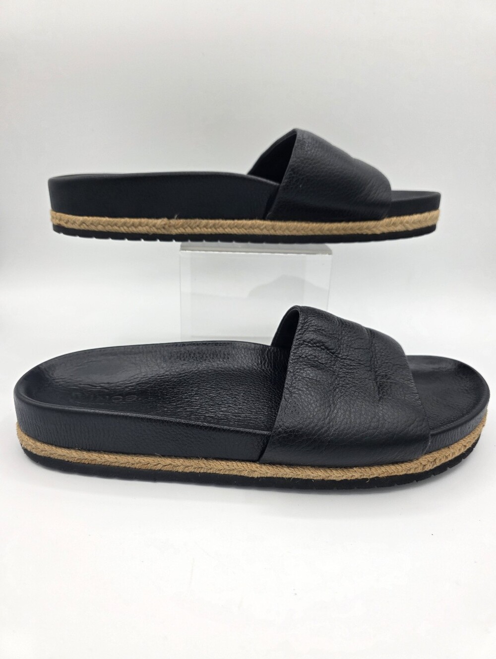 Vince Aurelia Black Leather Slide Sandals Espadrille Trim Size 10